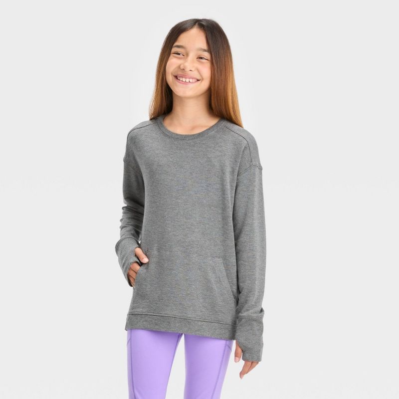 Photo 1 of Girls' Cozy Lightweight Fleece Crewneck Sweatshirt - All in Motion™ Heathered Black M
