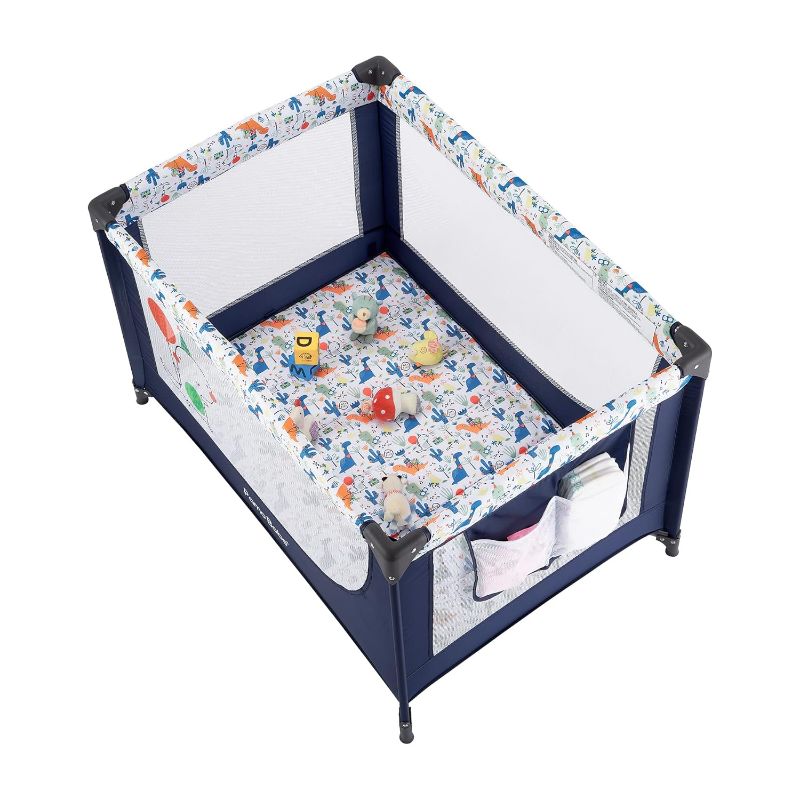 Photo 1 of Pamo Babe Travel Foldable Portable Bassinet Baby Infant Comfortable Play Yard Crib Cot with Soft Mattress, Breathable Mesh Walls, and Carry Bag, Blue
