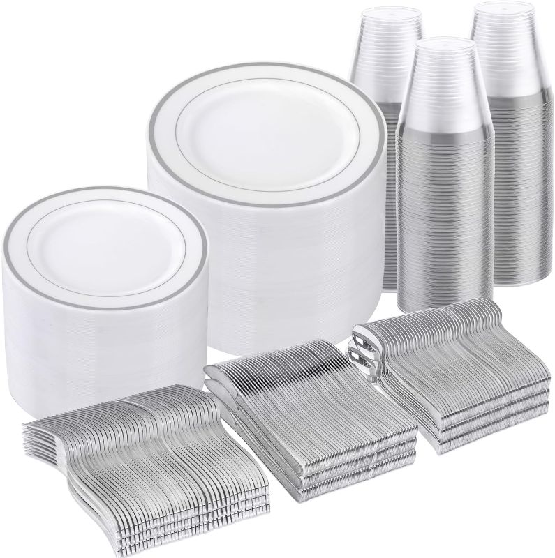 Photo 1 of 600 Pieces Disposable Silver Plates for 100 Guests, Plastic Plates for Party Wedding Birthday, Dinnerware Set of 100 Dinner Plates, 100 Salad Plates, 100 Spoons, 100 Forks, 100 Knives, 100 Cups
