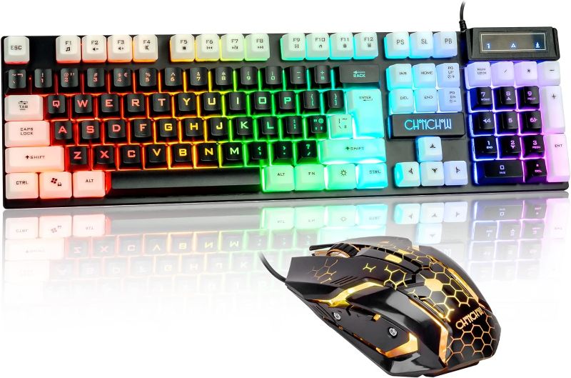 Photo 1 of CHONCHOW LED Keyboard and Mouse, 104 Keys Rainbow Backlit Keyboard and 7 Color RGB Mouse, White Gaming Keyboard and Mouse Combo for PC Laptop Xbox PS4 Gamers and Work
