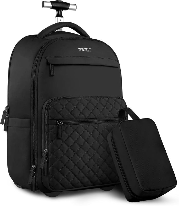 Photo 1 of ZOMFELT Rolling Backpack for Women Men, Carry on Luggage Travel Backpack with Wheels, 17 Inch Laptop Backpack with Toiletry Bag, Wheeled Backpack for Travel Trip Business Black
