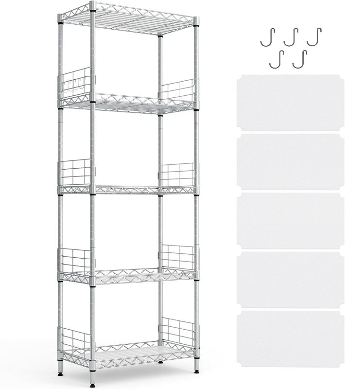 Photo 1 of LINSY HOME Upgrade 5-Tier Storage Shelves, Height Adjustable Pantry Shelves with 5 Hooks & Shelf Liners, Metal Shelves for Storage, Storage Shelf Heavy Duty for Living Room, Kitchen, Bathroom -Sliver
