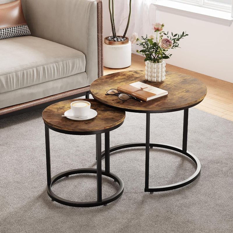 Photo 1 of Nesting Coffee Table Set of 2, 23.6" Round Coffee Table Rustic Wood Top with Adjustable Non-Slip Feet, Industrial End Table Side Tables for Living Room Bedroom Balcony Yard
