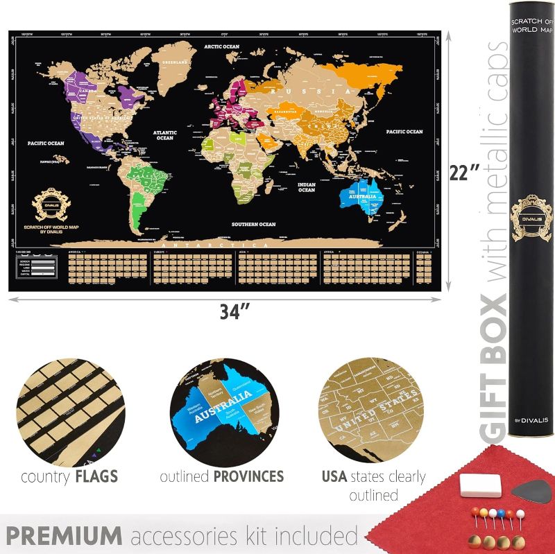 Photo 1 of 2 in 1 Gift Set - Scratch Off World Map and US Scratch off Map - Easy to Frame Scratchable World and United States of America Posters - Globetrotters Wall Map - Black and Gold Travel Tracker
