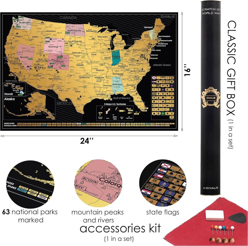 Photo 1 of 2 in 1 Gift Set - Scratch Off World Map and US Scratch off Map - Easy to Frame Scratchable World and United States of America Posters - Globetrotters Wall Map - Black and Gold Travel Tracker

