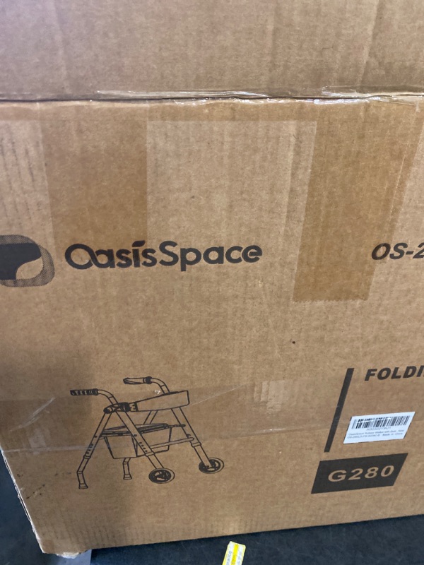 Photo 1 of OasisSpace Folding Walker with Seat, 6” Front Wheel Walkers for Senior, 3 in 1 Adult Standard Walker with Backrest & Storage Bag Support up to 300lbs Blue