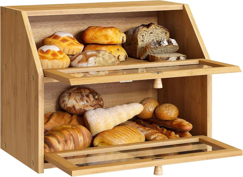 Photo 1 of Bread Storage Farmhouse Bread Box For Kitchen Countertop Bread Container With Clear Window Breadbox Double Layer Bamboo Wooden Extra Large Capacity Bin Kitchen Food Storage Container(Natural)
