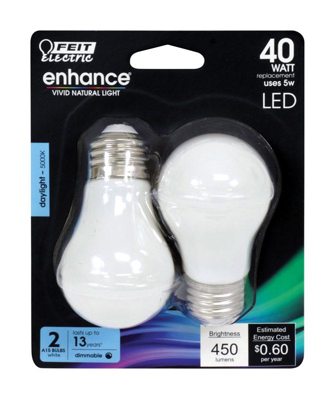 Photo 1 of Feit Enhance A15 E26 (Medium) Filament LED Bulb Daylight 40 Watt Equivalence 2 Pk