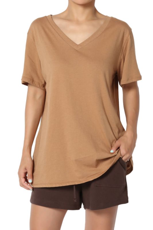 Photo 1 of Size L - Women's Casual V-Neck Relaxed Fit Tee Short Sleeve Cotton Loose Boyfriend T-Shirt Deep Camel