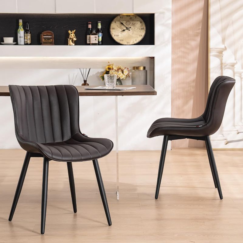 Photo 1 of YOUNUOKE Dark Brown Dining Chairs Set of 2 Upholstered Mid Century Modern Kitchen Chairs Armless Faux Leather Accent Guest Side Chair with Back Metal Legs for Living Reception Waiting Room Bedroom