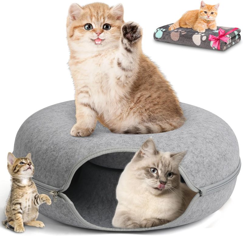 Photo 1 of Large 24 inch, Cat Tunnel Bed, HOMAGICO Peekaboo Cat Cave with Pet Blanket, Detachable Donut Tunnel Bed for Indoor Cats, Exercise Scratching & Hideway Cat Nest, Cat Up to 22 lbs (Light Grey)