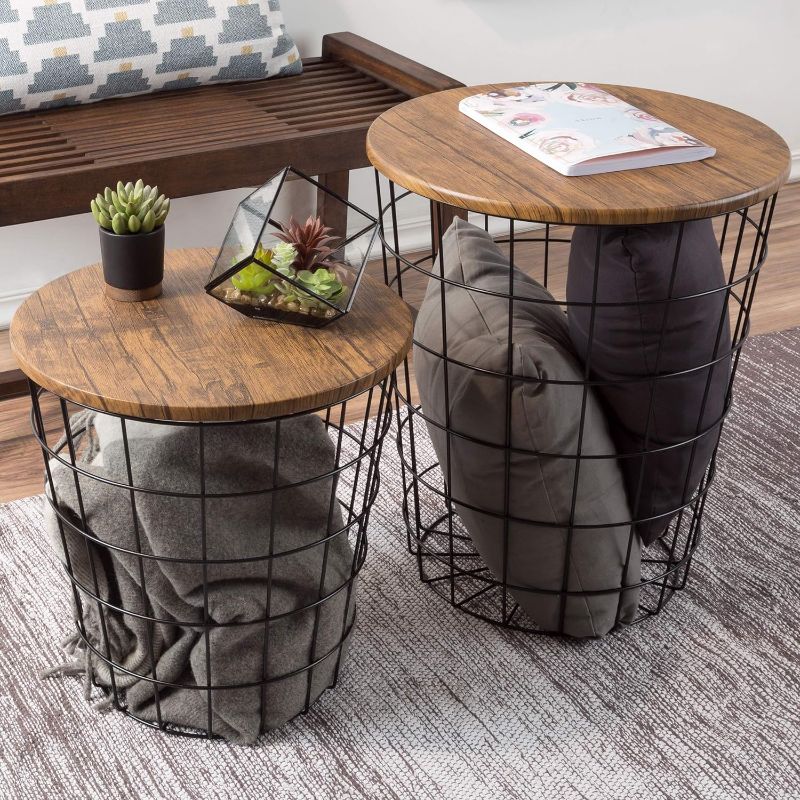 Photo 1 of ***Set of 2*** Lavish Home Nesting End Tables with Wood Tops and Metal Wire Basket for Living Room, Home, and Office, Round Brown