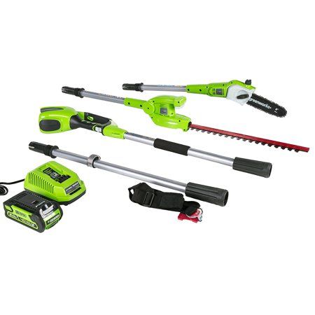 Photo 1 of Greenworks 20 40 Volt Battery Powered Pole Saw with Hedge Trimmer Attachment with 2.0 Ah Battery and Charger