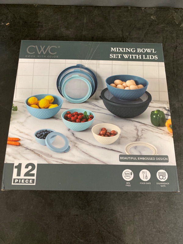 Photo 3 of COOK WITH COLOR Mixing Bowls with Lids - 12 Piece Plastic Nesting Bowls Set includes 6 Prep Bowls and 6 Lids, Non Slip Bottom and Embossed Design - Microwave Safe (Blue)