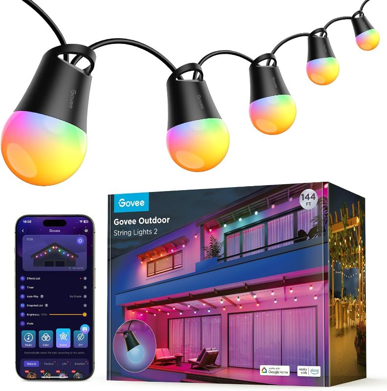 Photo 1 of Govee Smart Outdoor String Lights 2, 144ft RGBIC Outdoor Lights with Dimmable Warm White LED Bulbs for Halloween, 47 Scene Modes for Patio, Backyard, IP65 Waterproof, Works with Alexa, App Control