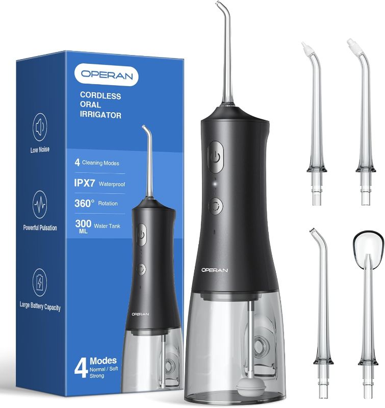 Photo 1 of Operan Water Flossers for Teeth Cleaning Upgraded 300ml Cordless Water Dental Flossers Portable Rechargeable Oral Irrigator with 4 Modes 4 Jet Tips IPX7 Waterproof Water Floss for Home Travel (Black)