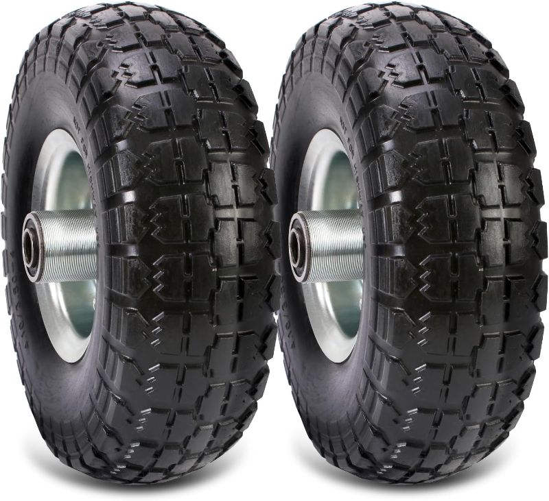 Photo 1 of (2 Pack) 10 Inch Solid Polyurethane Tire 4.10/3.50-4 Tire, 10" Flat Free Wheels with 5/8" Bearings, 2.2" Offset Hub for Garden Cart, Hand Truck, Lawn Cart, Mower