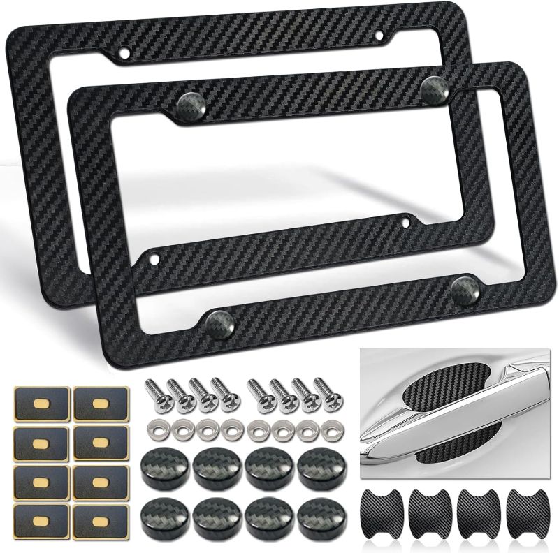 Photo 1 of ***Missing Hardware*** Carbon Fiber License Plate Frames- Black Carbon Pattern Plastic Front & Rear Car Tag Holder Cover 2 Pack, for Men/Women, with Mount Hardware, Screws, Caps, Rattle Proof Pads, Handlebar Stickers