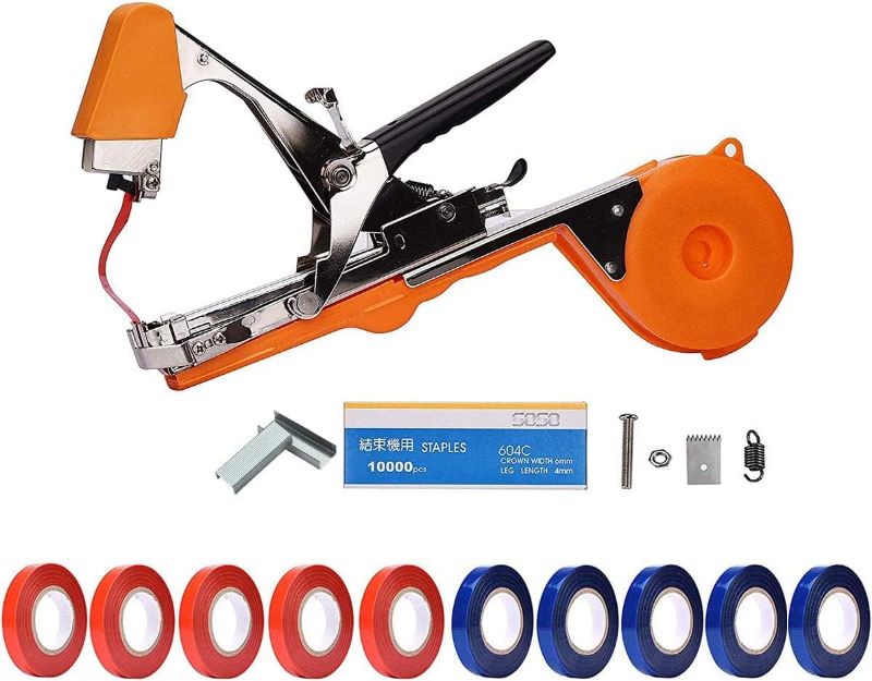 Photo 1 of (Does Not Come With Staples) Plant Tying Machine, Gardening Tape tool with 10 Rolls of Tape for Vegetable, Grape, Tomato, Cucumber, Pepper and Flower (Orange)