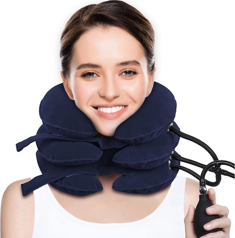 Photo 1 of Cervical Neck Traction Device for Neck Pain Relief, Adjustable Inflatable Neck Stretcher Neck Brace, Neck Traction Pillow for Use Neck Decompression and Neck Tension Relief (Blue)