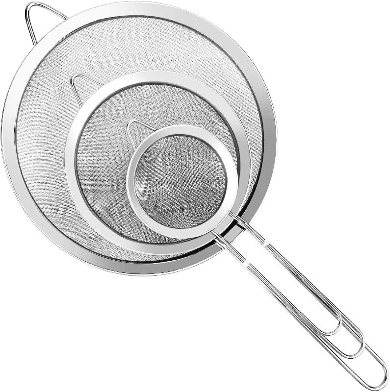 Photo 1 of 3 Pcs Super Wire Extra Fine Mesh Strainer with Handle, Small Medium Large Size Sifter Metal, Stainless Steel Sieve Strainers for Kitchen Rice Juice Quinoa Food Flour Baking