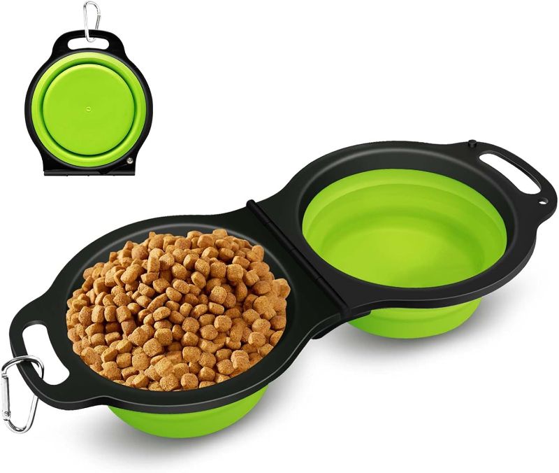 Photo 1 of Collapsible Silicone Cat and Dog Travel Bowls,2 in 1 Foldable Pet Feeding and Watering Dish for Walking Camping Hiking with Carabiner (Green)