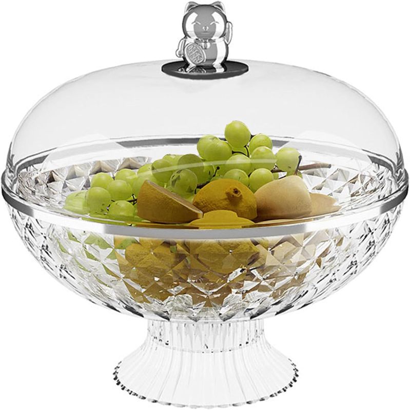 Photo 1 of ***Top Cat Handle Piece is Broke*** Plastic Fruit Bowl with Lid for Kitchen Counter, Pedestal Bowl with Lid, Fruit Basket for Kitchen, Fruit Bowl for Table Décor, Fruit, Vegetables, Bread, Snacks (Clear) (Sold As Is)