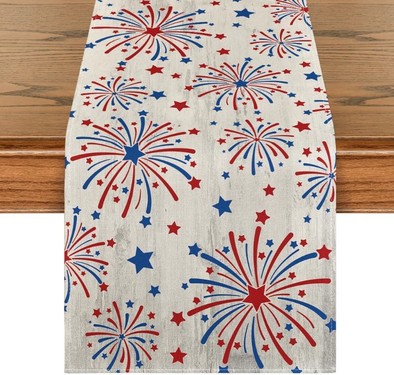 Photo 1 of Artoid Mode Silver Fireworks Patriotic 4th of July Table Runner, Seasonal Kitchen Dining Table Decoration for Home Party Decor 13x90 Inch