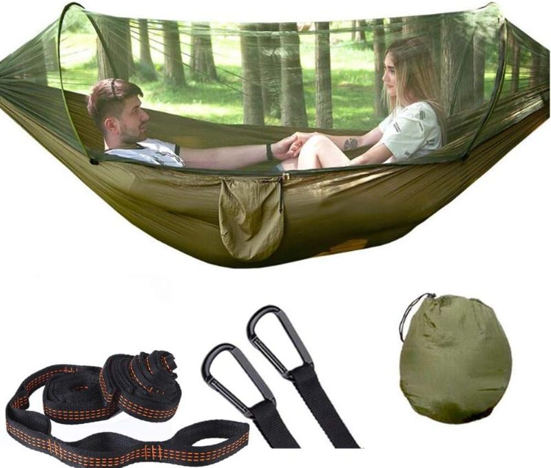 Photo 1 of Strong Load-bearing Solid Straps Easy Installation Auto Opening Outdoor Hammock Outdoor Portable Swing Hammock with Anti-mosquito Net Camping Equipment (Camouflage)