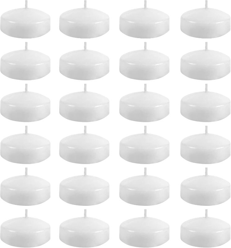 Photo 1 of 24 Pack Floating Candles 2” 6 Hour White Unscented Dripless Wax Discs, Floating Candles for centerpieces, Cylinder Vases, Wedding, Party, Pool, Holiday