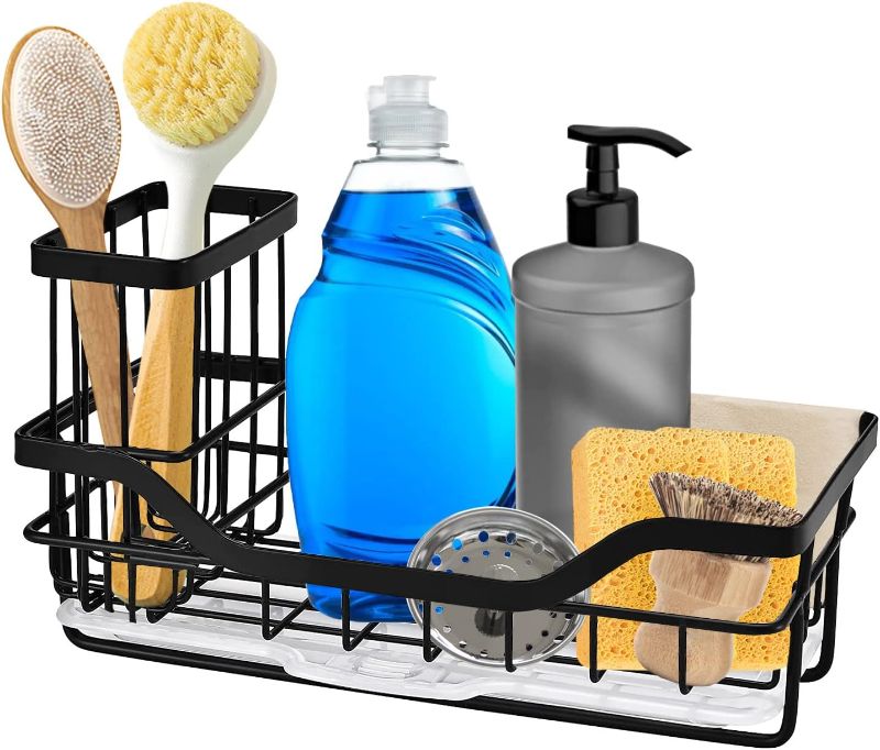 Photo 1 of Kitchen Sink Caddy Stainless Steel Sink Organizer with Detachable Brush Holder Sponge Holder with Removable Drip Tray for Countertop Storage