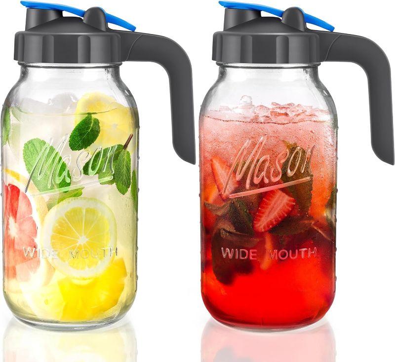 Photo 1 of 2 Pack 64 oz Sun Tea Pitcher, Half Gallon Mason Jar Pitcher with Wide Mouth Airtight Lid for Ice Tea, Cold Brew Coffee, Fridge Water, Breast Milk, Juices, Leak Proof