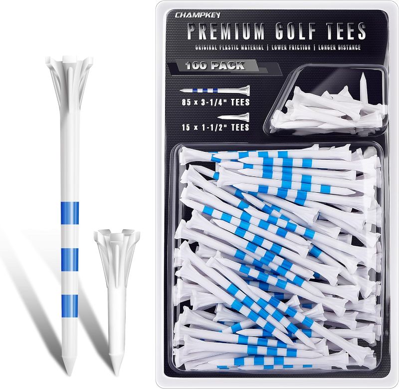 Photo 1 of CHAMPKEY Professional 5 Prongs Golf Tees 100 Pack | 85 Driver Tees with 15 Iron/Hybrid Tees Mixed Pack | Low Friction and Resistance Golf Plastic Tees