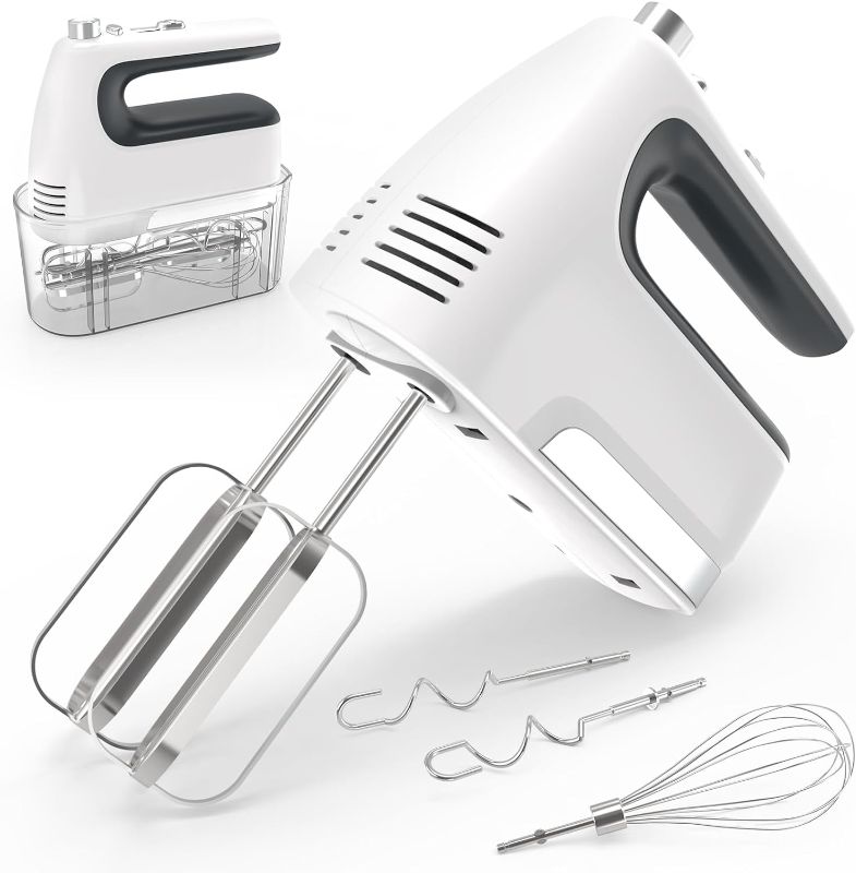 Photo 1 of CBQ Hand Mixer Electric, 5-Speed 400W Powerful Motor, Hand Mixer Electric Handheld with Storage Case, Turbo Boost and 5x Accessories, Flat Beaters, Dough Hooks, Whisk (White)