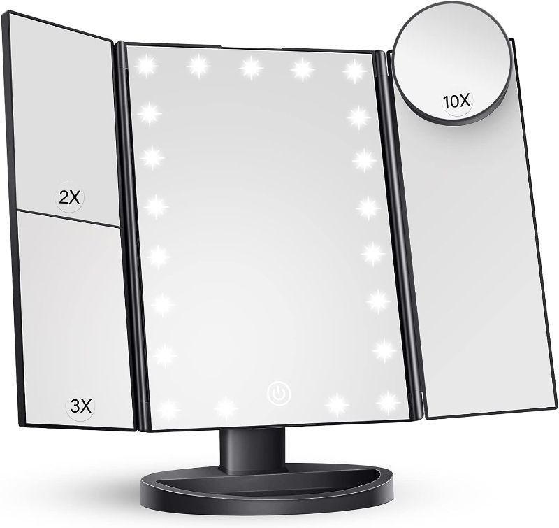 Photo 1 of Makeup Mirror Vanity with Lights, 2X 3X 10X Magnification, Lighted Mirror, Touch Control, Trifold Dual Power Supply, Portable LED Women Gift (Black)