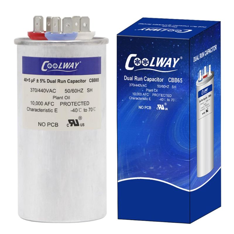 Photo 1 of COOLWAY 40/5 uF 40+5 MFD ±5% 370V or 440V Dual Run Start ac Capacitor for ac 40 5 CBB65r CBB65b Capacitor 370 440 Volt vac Air Conditioner Capacitor for Motor Start or Heat Pump, Condenser, Pool Pump