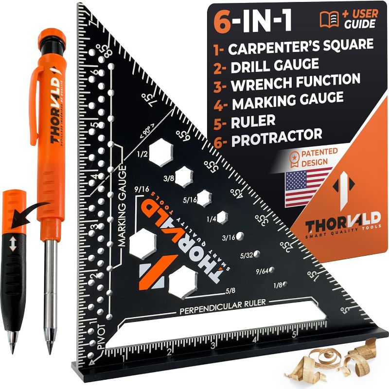 Photo 1 of ** FINAL SALE – SOLD AS IS **  THORVALD 6-in-1 Carpenter Square 7 inch (1/16" Precision) T Square Multi-Purpose Carpenter Tools : Wrench, Square, Protractor, Ruler, Marking Gauge, Drill Gauge, Includes 2-in-1 Carpentry Pencil