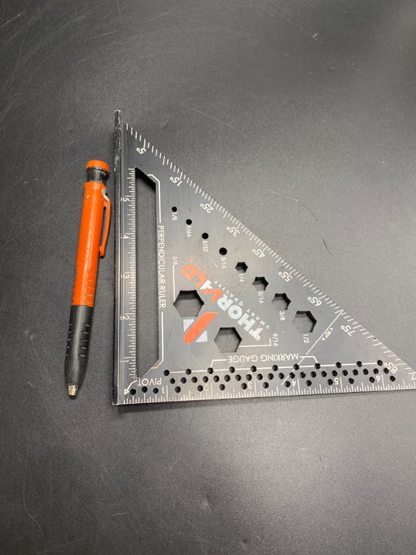 Photo 2 of THORVALD 6-in-1 Carpenter Square 7 inch (1/16" Precision) T Square Multi-Purpose Carpenter Tools : Wrench, Square, Protractor, Ruler, Marking Gauge, Drill Gauge, Includes 2-in-1 Carpentry Pencil