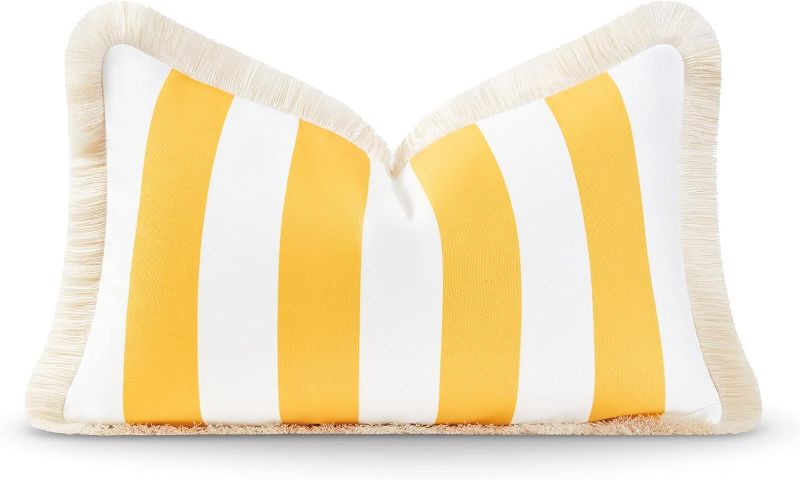 Photo 1 of Hofdeco Premium Coastal Patio Indoor Outdoor Lumbar Pillow Cover Only, 12"x20" Water Resistant for Backyard, Couch, Yellow Stripe Fringe