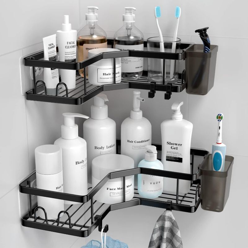 Photo 1 of Corner Shower Caddy, 2 Pack Adhesive Shower Corner Organizer Shelves, No Drilling Stainless Steel Shower Storage Rack with Hooks&Toothpaste Holder for Bathroom, Dorm and Kitchen