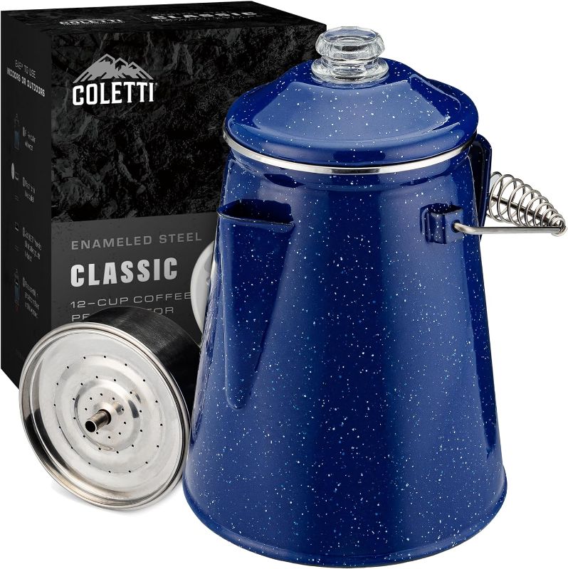 Photo 1 of COLETTI Classic Percolator Coffee Pot — Camping Coffee Percolator, Campfire Coffee Pot – Camping Percolator for Groups — Brew for the Whole Campsite (Blue, 12 Cup)