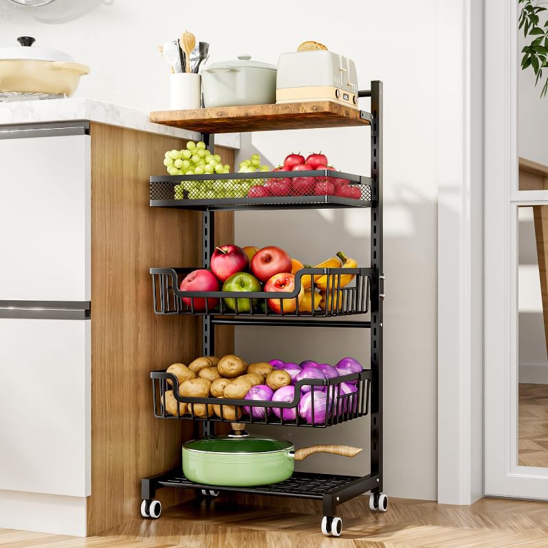 Photo 1 of HapiRm 5 Tier Fruit Basket Kitchen Storage Cart, Adjustable Fruit and Vegetable Basket, Wooden Top Table Fruit Rack, Snack Cart with Wheels, Metal Mesh and Wire Storage Basket for Onions and Potatoes