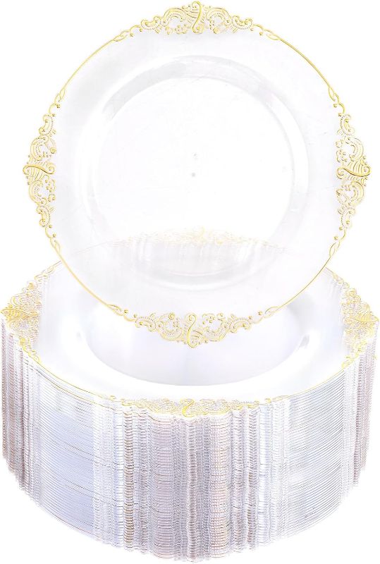 Photo 1 of Morejoy Gold Plastic Disposable Plates 100pcs - 7.5 inch Clear and Gold Dessert Plates, Clear Plastic Plates with Gold Rim for Weddings & Parties & Thanksgiving & Shower