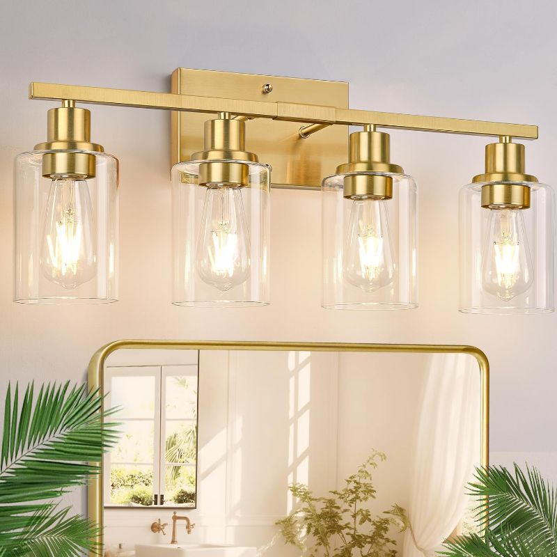 Photo 1 of 4-Light Bathroom Light Fixtures, Bathroom Vanity Lights with Clear Glass Shades, Gold Bathroom Light Fixtures Over Mirror, Modern Bathroom Wall Lamp for Mirror Living Room Cabinet Bedroom Porch