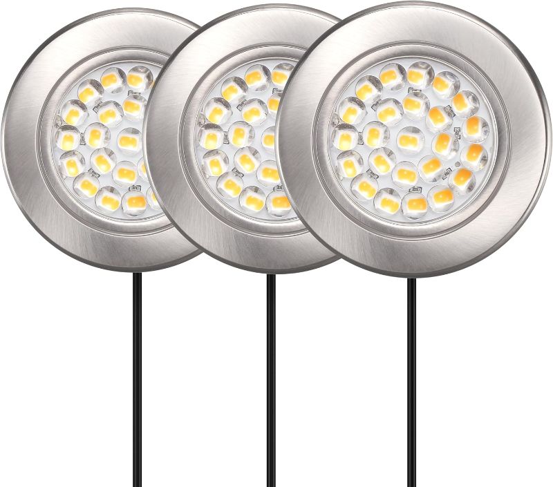 Photo 1 of 2.6" Wide 3000K Dimmable LED Puck Lights Kit, Plug-in Installation with Recessed or Surface Mounted, Brushed Nickel Finish Over Metal Construction, Set of 3