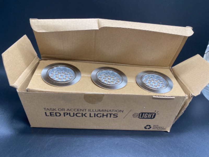 Photo 2 of 2.6" Wide 3000K Dimmable LED Puck Lights Kit, Plug-in Installation with Recessed or Surface Mounted, Brushed Nickel Finish Over Metal Construction, Set of 3