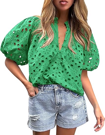 Photo 1 of M PRETTYGARDEN Women's Summer Tops Dressy Casual Short Lantern Sleeve V Neck Buttons Hollow Out Lace Embroidered Blouses Shirts