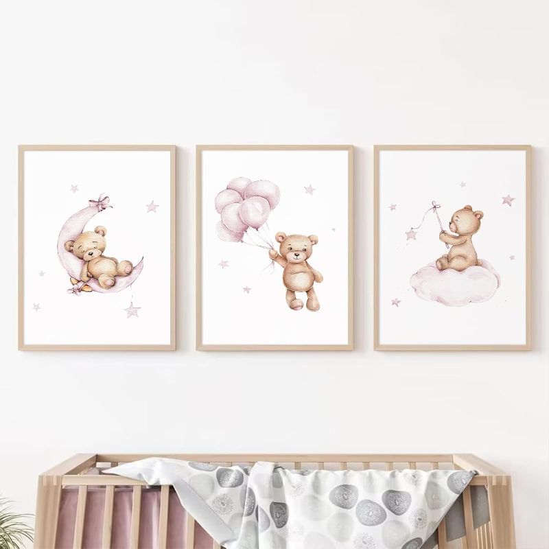 Photo 1 of Bear Nursery Wall Art Decor Set of 3 Teddy Bear Wall Art Baby Girl Canvas Wall Decor Pink Pictures Balloon Nursery Children Prints Artwork Moon Star Cloud Art for Boys Room Bedroom 12x16 Inch Unframed