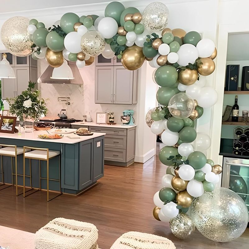 Photo 1 of 137PCS Sage Green Balloon Garland Arch Kit White Gold Confetti Balloons Retro Green Balloon and Gold Metallic Chrome Latex Balloons for Wedding Birthday Baby Shower Decorations