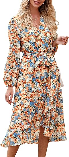 Photo 1 of Medium PRETTYGARDEN Women's Floral Print Boho Dress Long Sleeve Wrap V Neck Ruffle Belted A-Line Flowy Maxi Dresses